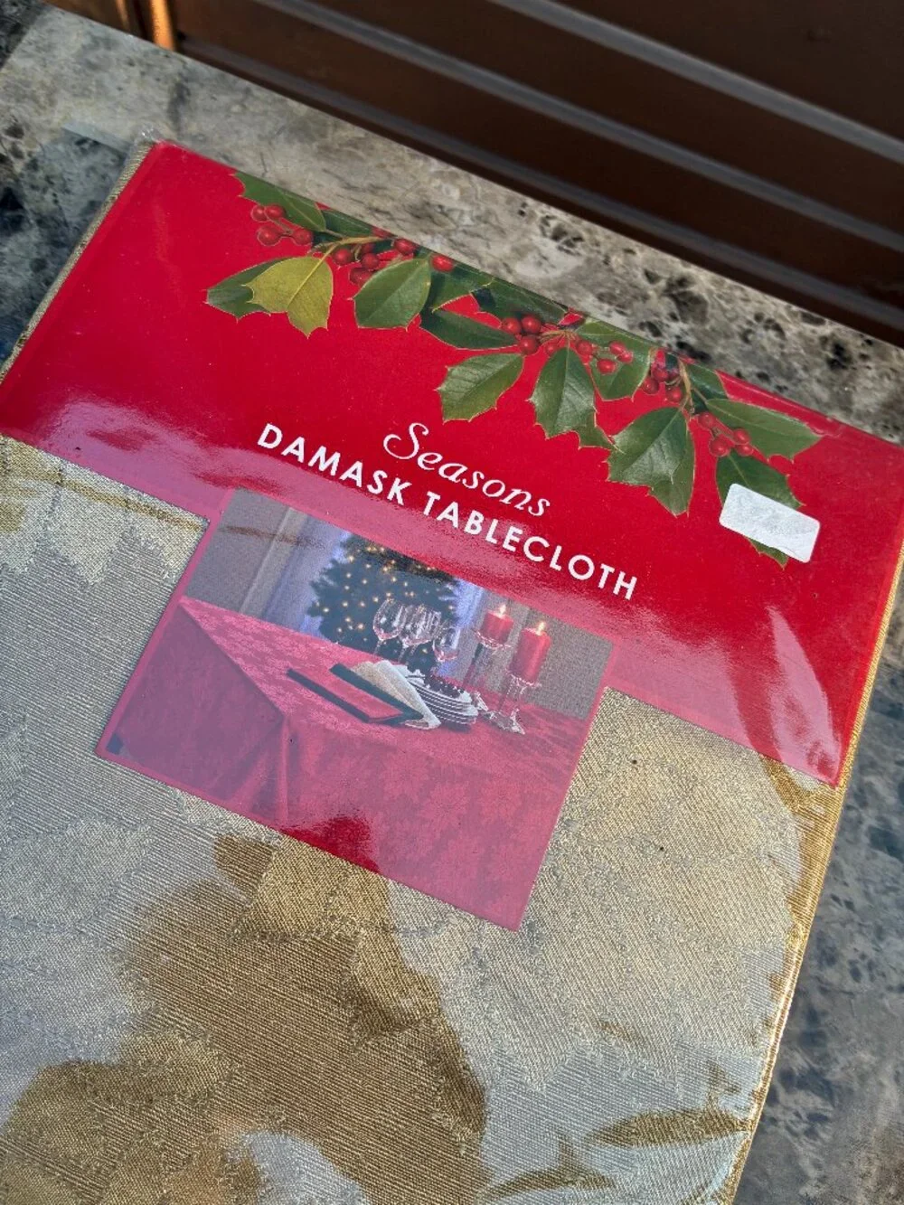 Damask Gold Oblong Holiday Poinsettia Tablecloth 52 x 70 inches